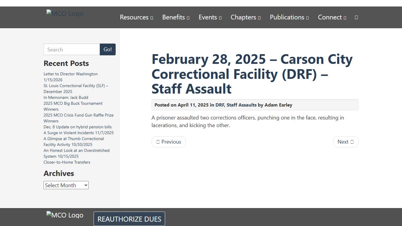 February 28, 2025 – Carson City Correctional Facility (DRF) – Staff Assault – MCO